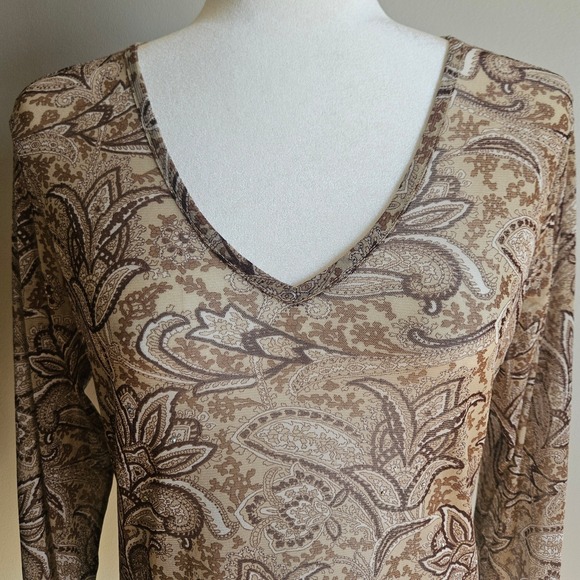 Vtg Limited Top Size Large Brown Paisley Print Sheer Mesh Y2K Boho Stretch Fall - Picture 2 of 11